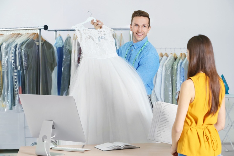 wedding dress in dry cleaning salon