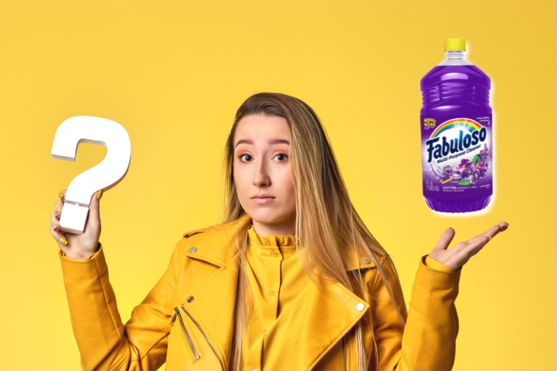 woman holding fabuloso and question
