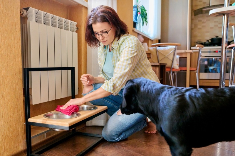 woman wiping dog bowls