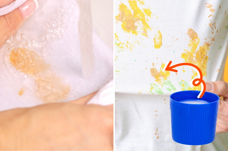flush stain in cold water and with liquid laundry detergent