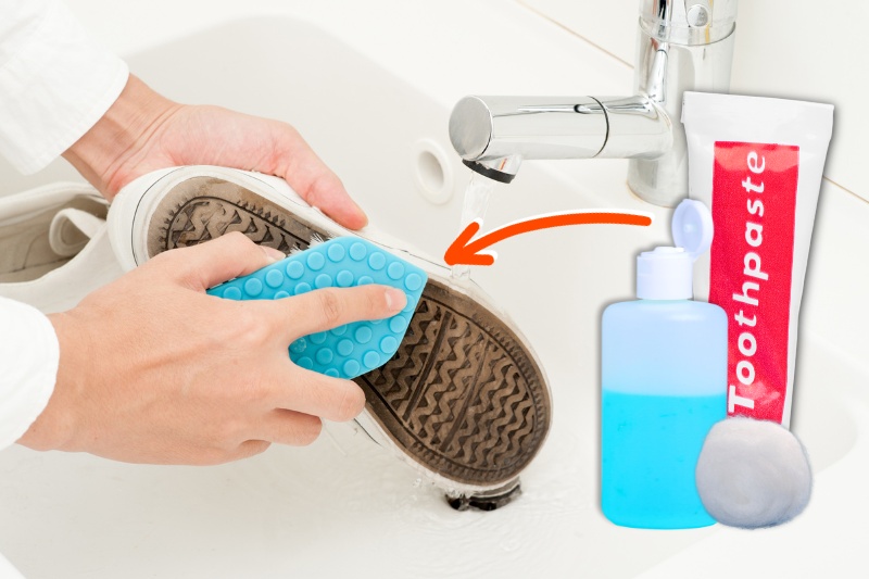 wash shoe bottom with nail polish remover or toothpaste