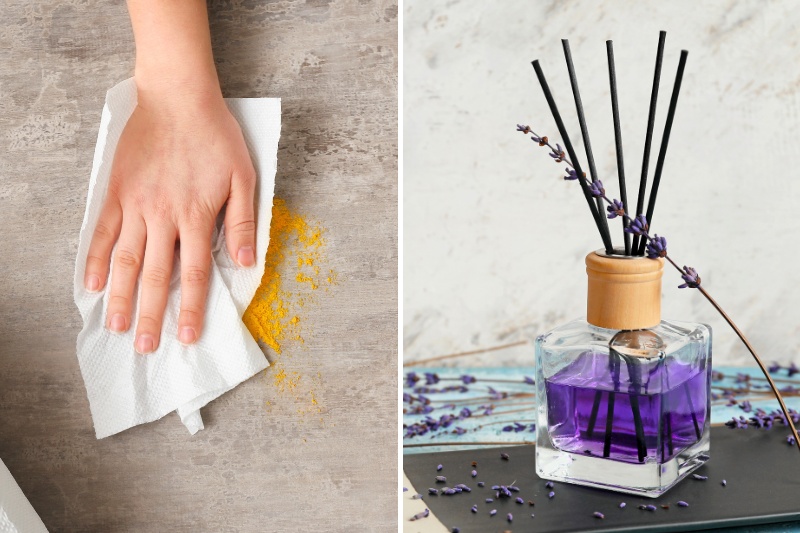 wiping table dirt and lavender reed diffuser