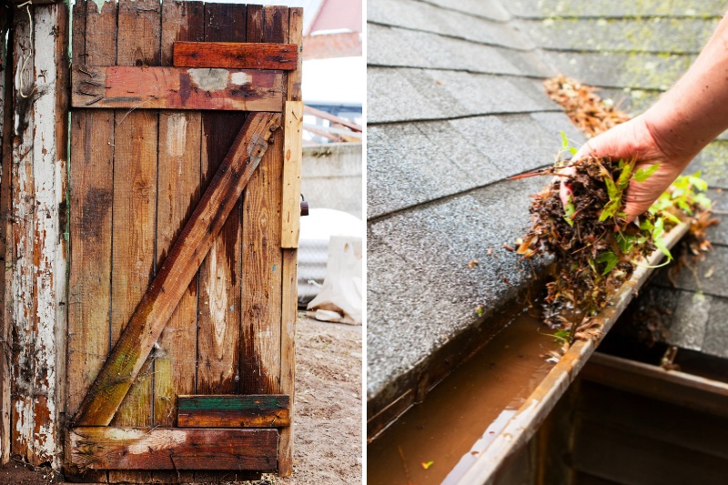 wood door and hand cleaning gutter