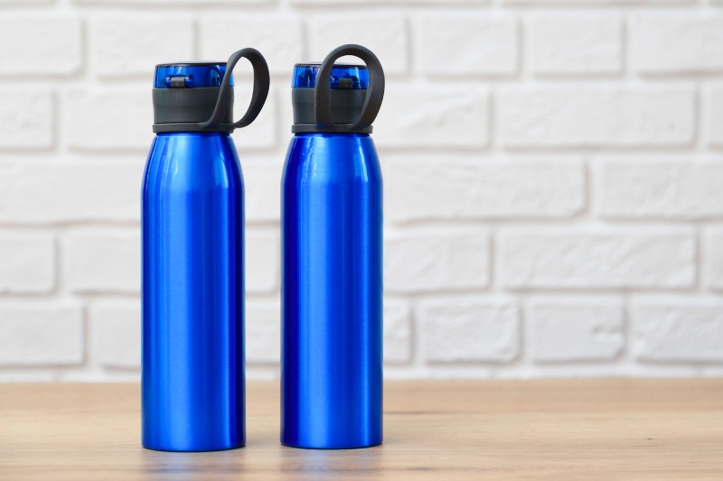 blue flasks on the table