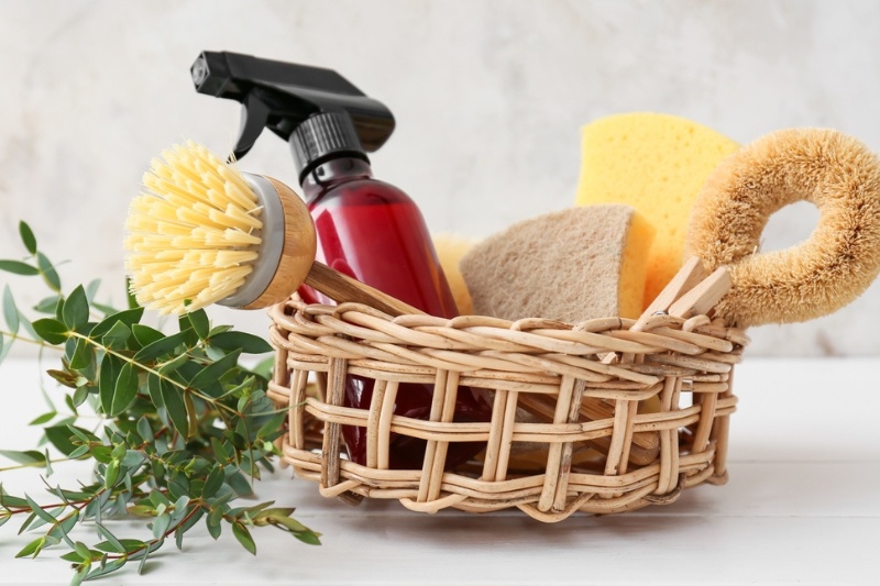 cleaning materials in wicker basket