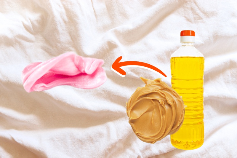 cooking oil and peanut butter for sticky gum on sheets