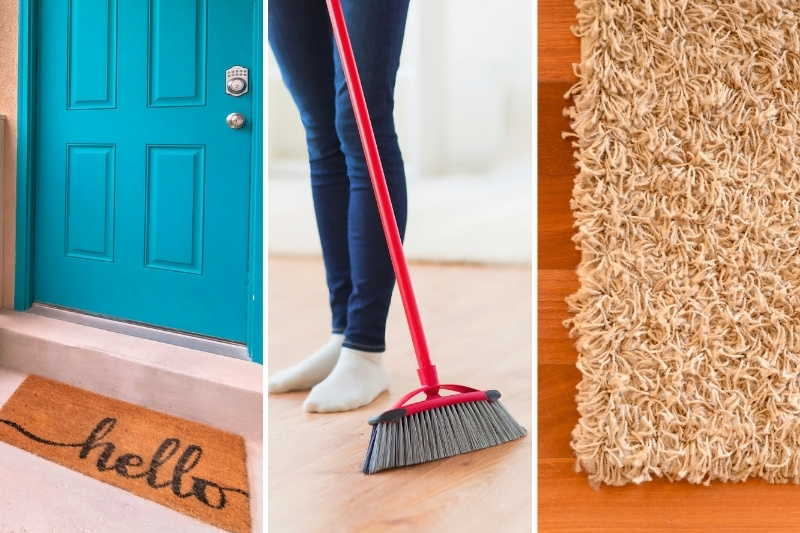 doormat, sweeping floor and rug