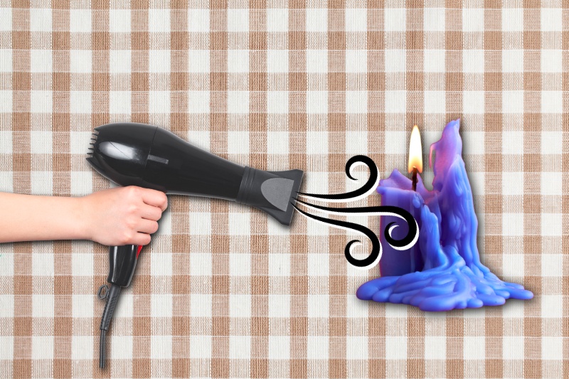 remove candle wax with hair dryer
