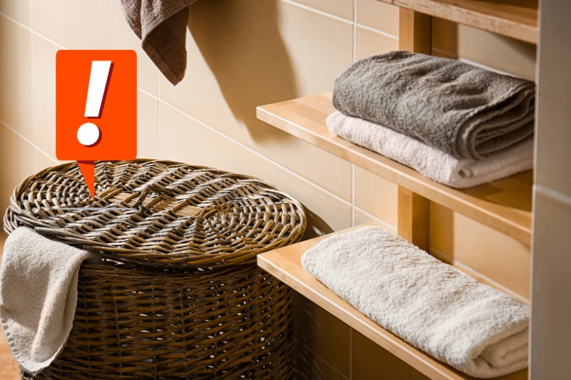 wicker laundry basket in the bathroom