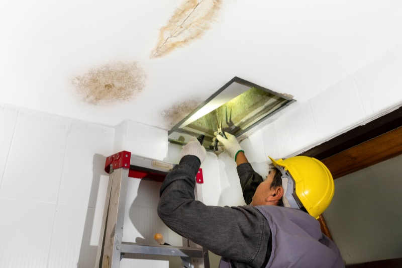 plumber fixing water leak on ceiling