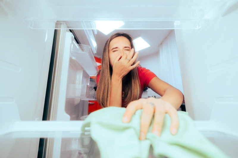 woman cleaning smelly fridge