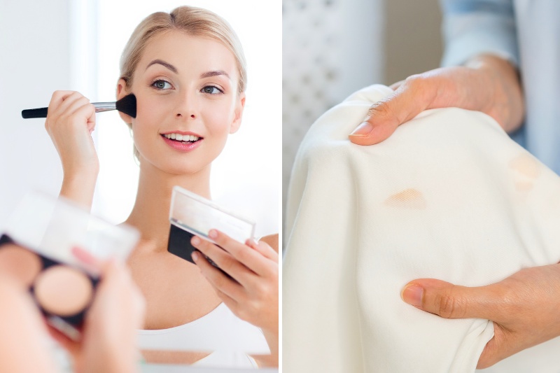 woman putting makeup and checking stain on clothes