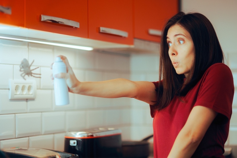 woman spraying against spider