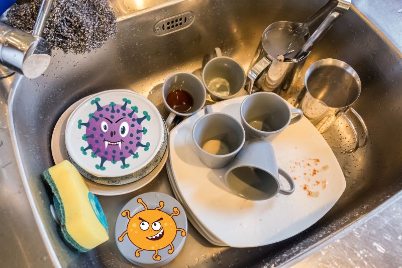 Bacteria and viruses on dishes in sink