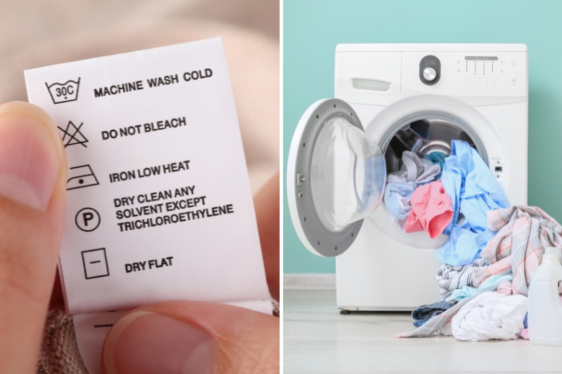 check clothes care label and clothes in washing machine