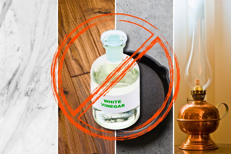 do not use vinegar on marble, wood, cast iron and copper