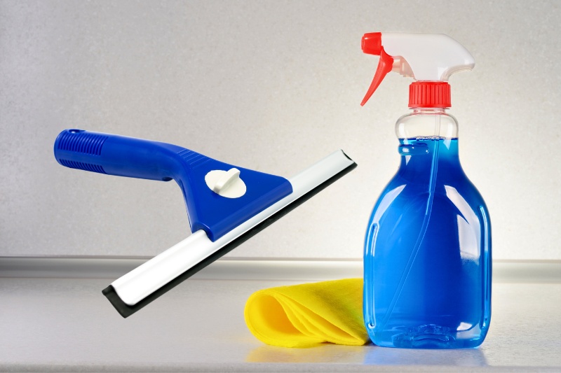 glass cleaner, cloth and squeegee