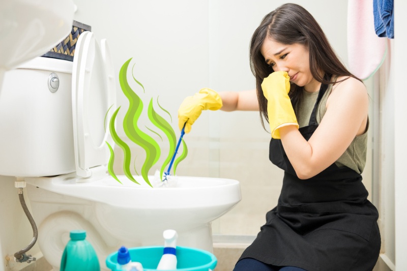 woman cleaning smelly toilet bowl