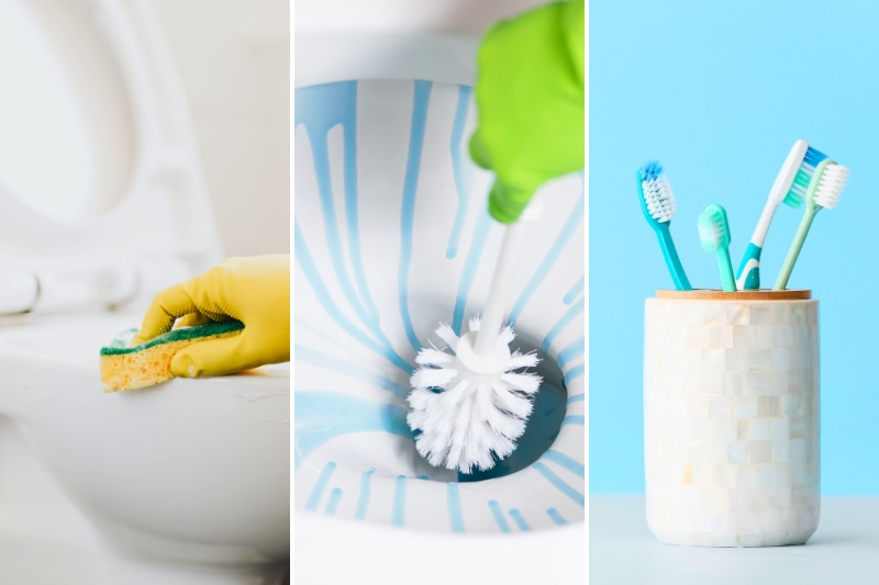 cleaning toilet seat, bowl and toothbrush holder