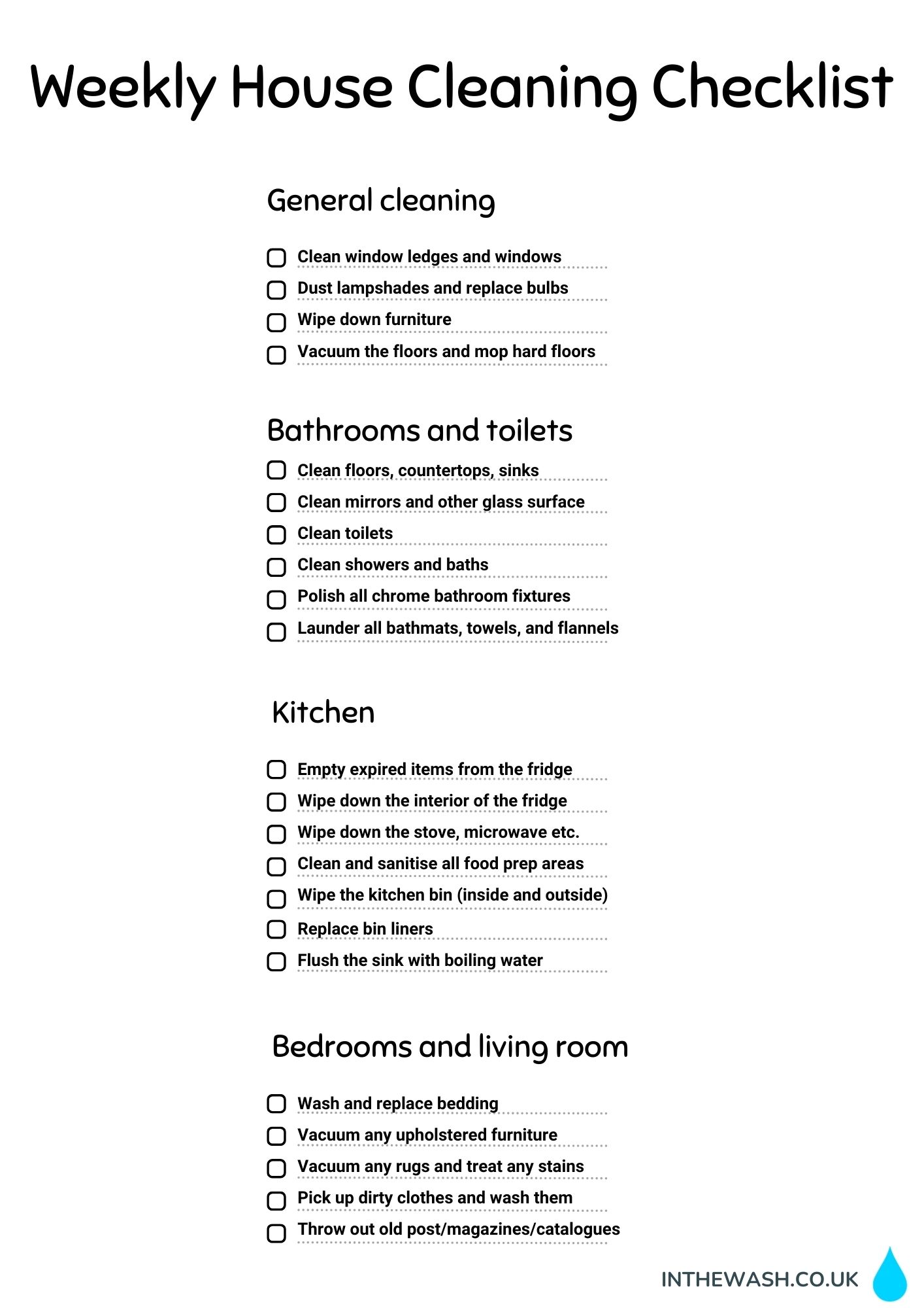 Weekly house cleaning checklist