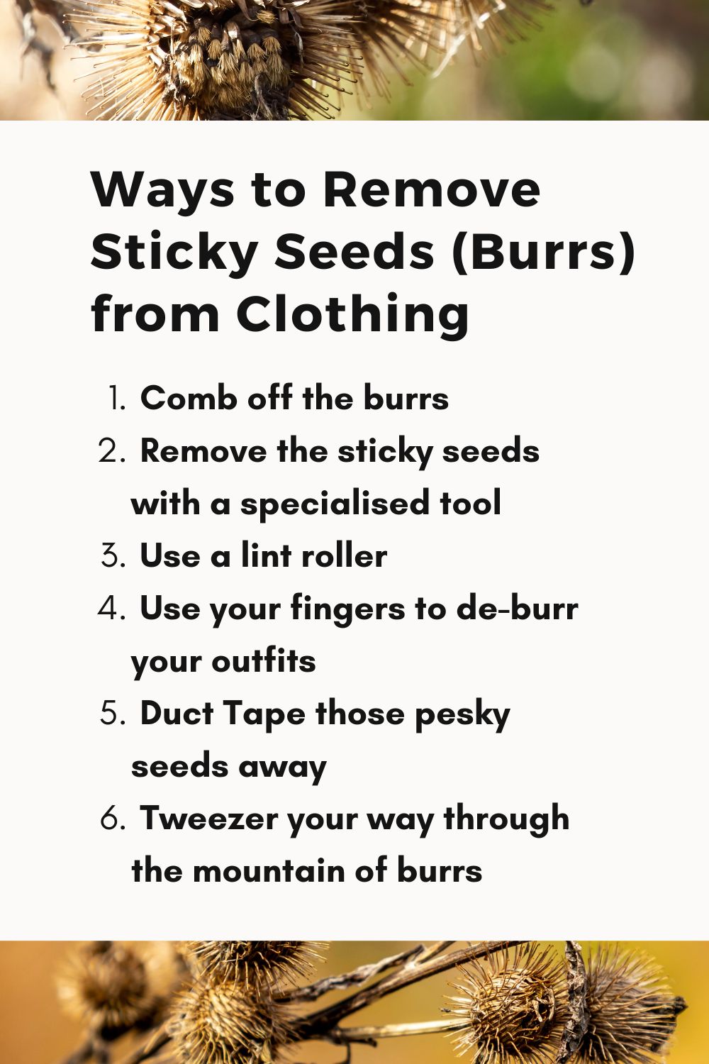 Ways to remove sticky seeds (burrs) from clothing